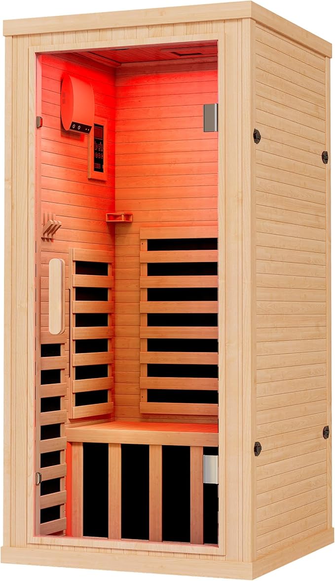 Albott Infrared Sauna 1 Person, Infrared Saunas for Home, 1260W/110V Hemlock Wood Dry Sauna with Foot Warmer, 7-Color Light Therapy, 2 Bluetooth Speakers & LCD Control Panel, 32.3"x32.3"x66.1"