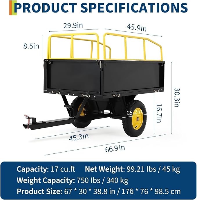 Heavy Duty ATV Trailer Tow Behind Dump Cart, 17 Cu.Ft. 750lbs Capacity, Pull Behind Steel Yard Wagon Dump Trailer for Tractor Lawn Mower Garden