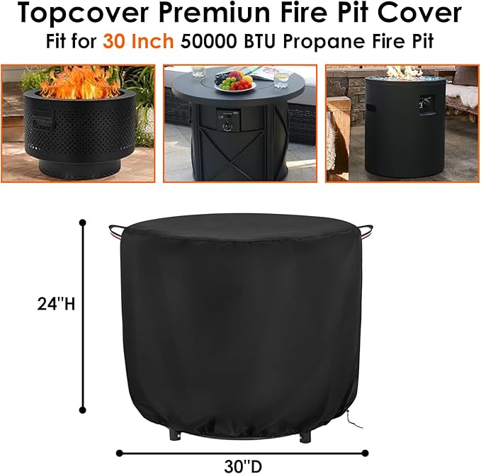 Fire Pit Cover Round,30 Inch 600D Waterproof Outdoor Propane Firepit Cover For 30 Inch Gas Fire Table,Heavy Duty Fade Resistant Patio Fireplace Cover with PU Coating - 30"D x 24"H