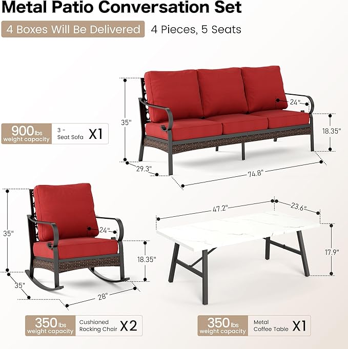 SUNSHINE VALLEY 4 PCS Metal Outdoor Patio Furniture Set, Patio Conversation Sets 3-Seater Sofa, 2 Rocking Chairs with 5.75" Extra Thick Cushion & Coffee Table, Black Frame Backyard Furniture, Rust Red