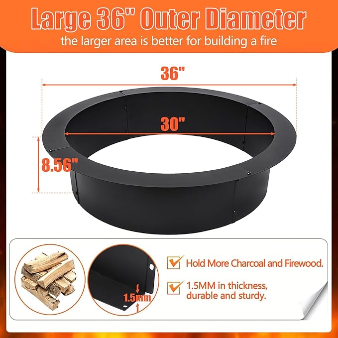 Fire Pit Ring 36-Inch Outer/30-Inch Inner Diameter for Outside, Heavy Duty Steel Wood Burning Fire Pit Ring Insert, DIY Ring Insert, Easy Setup Above or In-Ground for Backyard, Camping, Black