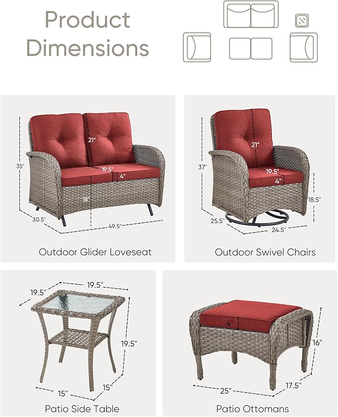 HUMMUH 6 Pieces Patio Furniture Set-Patio Glider Loveseat with Rattan Outdoor Swivel Chairs Outdoor Conversation Furniture Sets for Deck Lawn Porch Balcony Poolside-Grey/Red