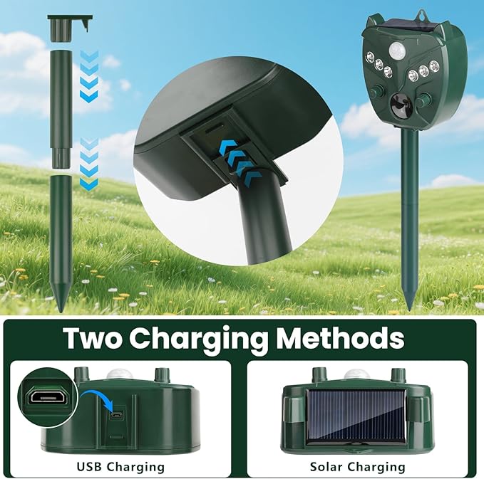 2 Pack 2025 Upgraded Solar Ultrasonic Animal Repellent Outdoor – Motion Activated Deer, Squirrel, Cat, Raccoon, Dog & Bird Deterrent with Multi-Frequency LED Strobe & Ultrasonic Sweep for Garden Yard