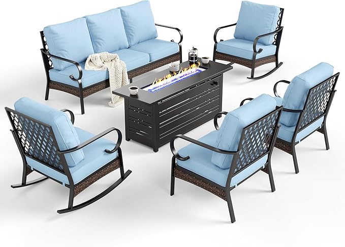 SUNSHINE VALLEY 6 Piece Black Metal Outdoor Patio Furniture Sets with Firepit Table, Patio Conversation Sets 1 3-Seater Sofa, 2 Leg Chair and 2 Rocking Chair with 5.75" Cushion for Backyard Deck, Blue