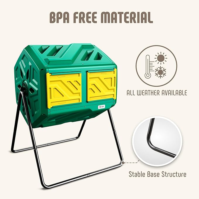 Werph 43 Gallon Compost Bin with Gloves, Fast Assembly & Easy Setup Outdoor Compost Tumbler, Updated Dual Chamber Tumbling Composter for Garden, Kitchen, and Yard Waste, Green
