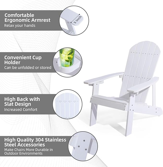 Adirondack Chairs Set of 2, All Weather Resistant Plastic Chairs with Cup Holder, 5 Easy Steps to Install, Outdoor Chairs for Patio, Garden, Backyard Deck, Lawn, Fire Pit - White