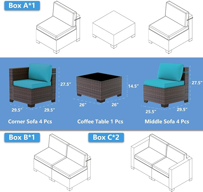 Outdoor Patio Furniture Set, 9 Pieces Outdoor Sectional Furniture Patio Sofa, All-Weather PE Rattan Patio Conversation Set with Tempered Glass Top Table & Cushions(Teal).