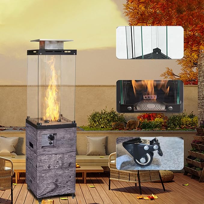 Outdoor Patio Propane Fire Heater with Weather Cover Glass 41000 BTU Fireplace Patented & CSA Certificated, Gray