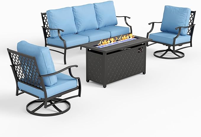 SUNSHINE VALLEY 4 Piece Metal Outdoor Patio Furniture Sets with 5000 BTU Firepit Table, Patio Conversation Sets 1 3-seater Sofa, 2 Swivel Chair with 5.75" Thick Cushion, Black Backyard Furniture, Blue
