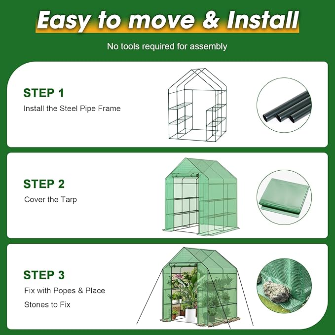Greenhouse, 56×56×76" Walk in Greenhouse, Portable Green House for Outdoors with Thicken PE Cover, 3 Tiers 8 Shelves for Plants, Flowers, Seedling (Green, 56x56x76 inch)