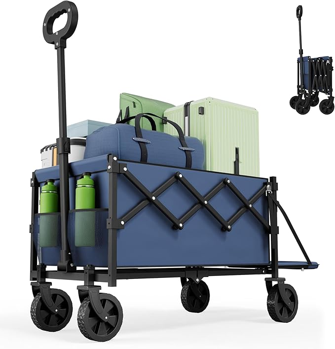 Collapsible Wagon with Extended Tailgate,Wagons Carts Folding with 350lbs Capacity, Lightweight Portable Utility Wagon Cart for Shopping Camping Sports Garden(Navy)