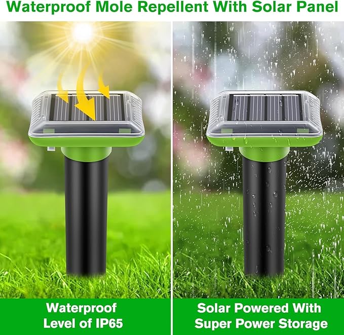 Ultrasonic Mole Repellent Outdoor, 6 Pack Gopher Repellent Solar-Powered for Lawn Yard and Garden, Waterproof Mole Killer Traps, Effectively Repels Gopher Vole Groundhog Snake, Green