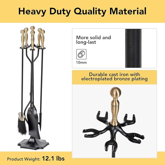 nalone 5 Pieces Fireplace Tools Set, Brass Handles Wrought Iron Fireplace Accessories Set with Poker, Tong, Shovel, Brush, Fire Place Tools Indoor Outdoor (Antique Bronze)