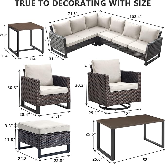 HUMMUH 10 Piece Patio Furniture PE Wicker 6-Seater Outdoor Sectional Sofa with Dinning Table Patio Swivel Chairs Outdoor Chairs for Porch,Garden,Backyard,Deck(Brown/Beige)