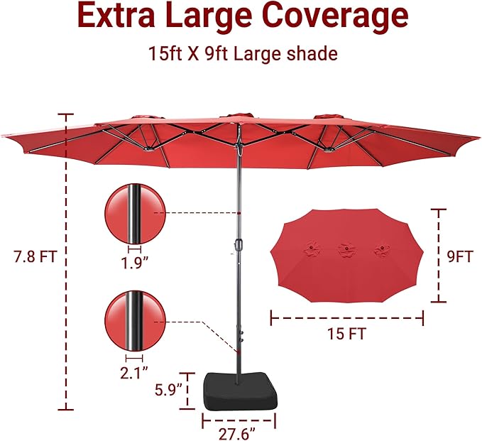 Bigroof 15ft x 9ft Patio Double-Sided Umbrella with Base & Crank, Extra Large Rectangular Outdoor Umbrella for Patio, Lawn & Garden, Beige