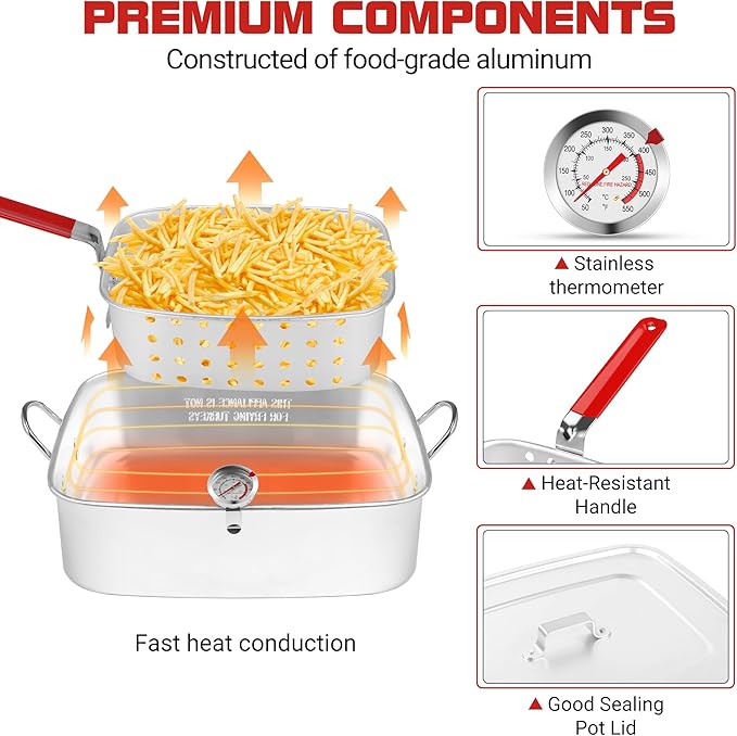 Propane Deep Fryer with 18Qt Square Deep Fryer Pot – High Grade Strainer Basket Aluminum Pot for Fish Fry, Seafood Pot – Propane Burners for Outdoor Cooking Include Lid -OT1808-2-LID