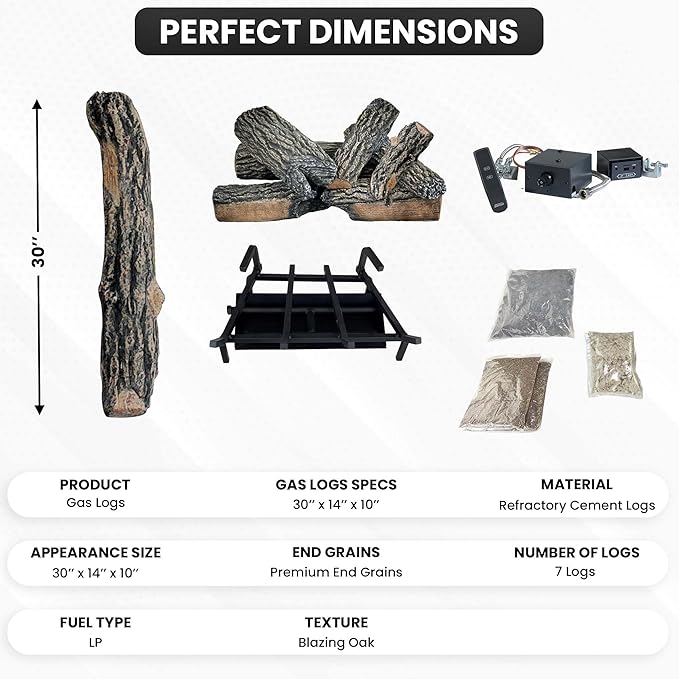 30" Premium Gas Logs - Remote Control Kit Included - for Liquid Propane Vented Fireplaces - Blazing Oak Design (Logs + Remote Light Kit)