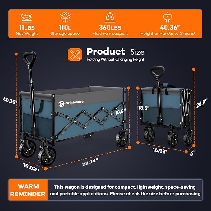 Collapsible Wagon Cart Foldable - Lightweight Portable Heavy Duty Folding Beach Wagons with Wheels - Outdoor Utility Carts for Grocery, Camping, Shopping with Large Capacity - Grey&Blue