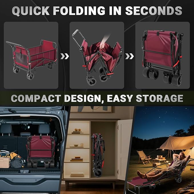 LEVELEVE Heavy Duty Folding Wagon - 2-in-1 Collapsible Cart, 650lb Capacity, All-Terrain Wheels w/Brakes & Side Pockets