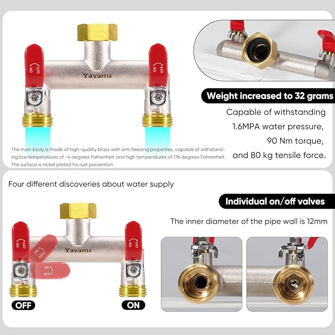 2 Way Garden Hose Splitter, Heavy Duty Brass Nickel Plated Rust Resistant Faucet Manifold, 3/4" Frost Resistant Outdoor Hose Adapter Connector，Hose Spigot Adapter with 2 large red handles