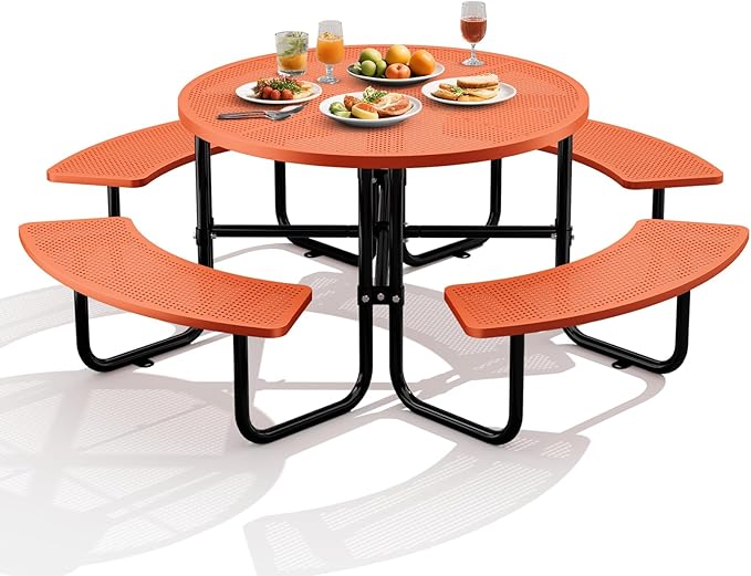 Rueekfil 46" Coated Picnic Table with Umbrella Hole, Heavy Duty Commercial Picnic Table for Outdoors, Family & Party Ready for School Camping, Round, Orange