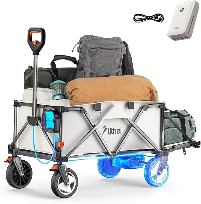 Litheli Electric Wagon Cart with 1 Battery, All-Terrain Wheels & Variable Speed | 200L Capacity, 300 lbs Heavy-Duty Utility Wagon for Camping Beach Garden Shopping, SE-Beige