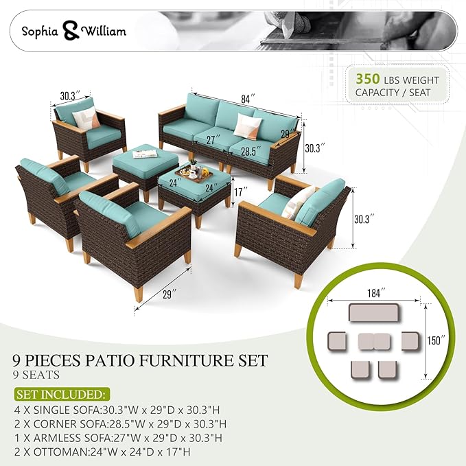 Sophia & William 9 Piece Patio Furniture Sets, Sectional Outdoor Rattan Wicker Sofa, All Weather Patio Conversation Set for Deck Backyard Lawn, Outdoor Couch, Blue