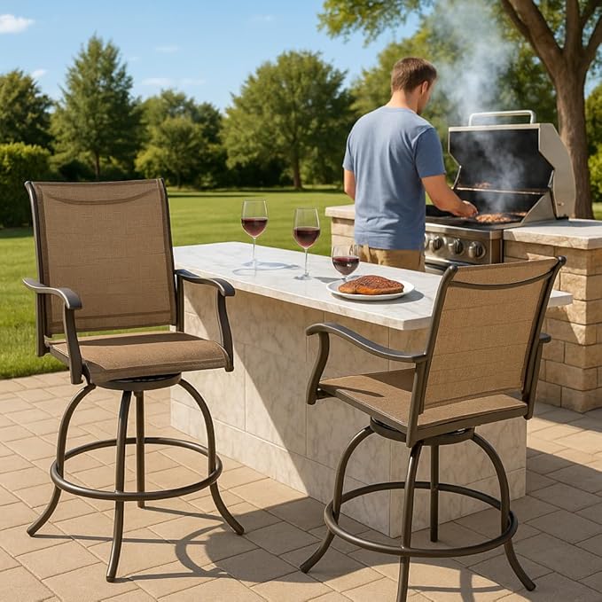 Kozyard Isabella Outdoor Patio High Swivel Bar Stools/Chairs,Counter Height Tall Patio Swivel Chairs, for Bistro Set for 2, Backyard, Cafes, Bistro, Restaurants and Chic Bars (Textilence)