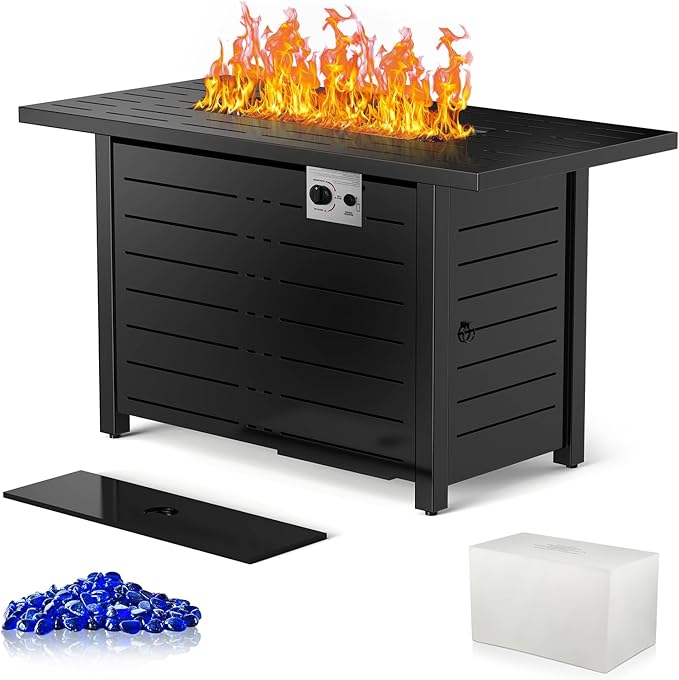 Xbeauty Fire Pit Propane Gas FirePit Table 43" Outdoor Fire Pit Rectangular Tabletop with Lid, Rain Cover, for Outside Garden Backyard Deck Patio
