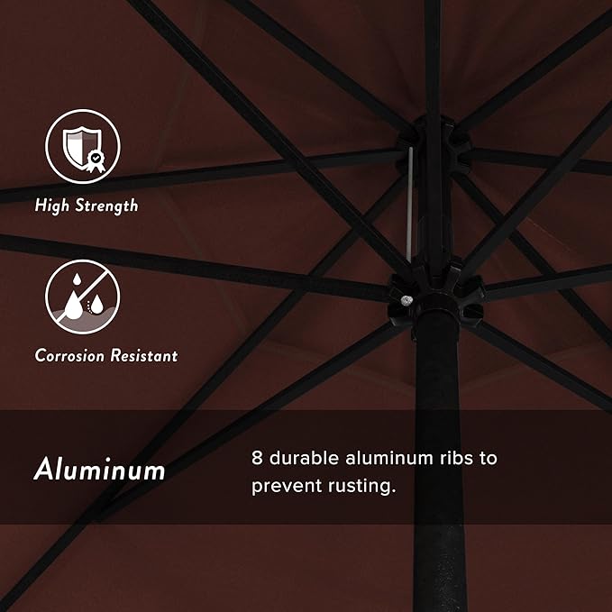 California Umbrella 9' Rd Aluminum Patio Umbrella, Crank Lift, Auto Tilt, Black Finish, Sunbrella Henna