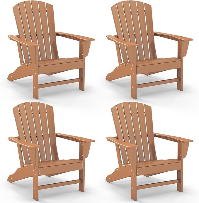 GREENVINES Adirondack Chairs Set of 4 | HDPE Plastic | All Weather | Oversized Fire Pit Chair | Teak | Poly Lumber | for Outdoor Deck Backyard Patio Garden