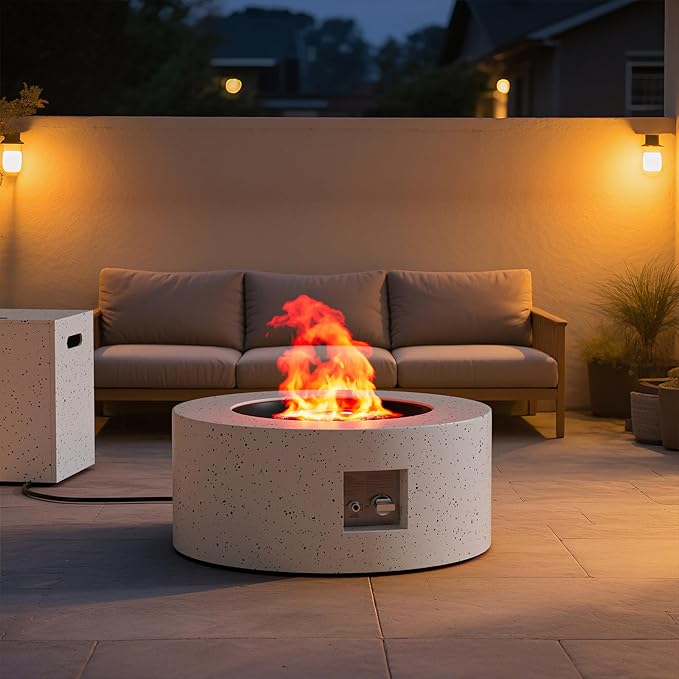 Dineli 2-Piece Outdoor Propane Fire Pit Table Set w Tank Table 30'' Round Fire Pit Table 2-in-1 Firepit Table for Outside Patio Gas Fire Pit Fireplace, 50,000 BTU, Speckled White ﻿