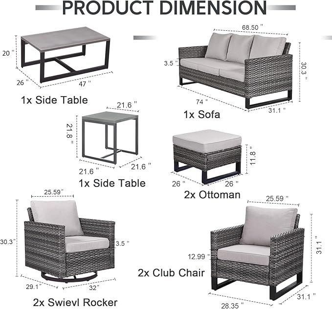 9 Piece Wicker Patio Furniture Set - Outdoor Swivel Rocker Chairs Set with Coffee Table, Rattan Chairs, 3 Seat Sofa & Ottomans, Patio Conversation Sets for Bcakyard Deck - Grey/Beige