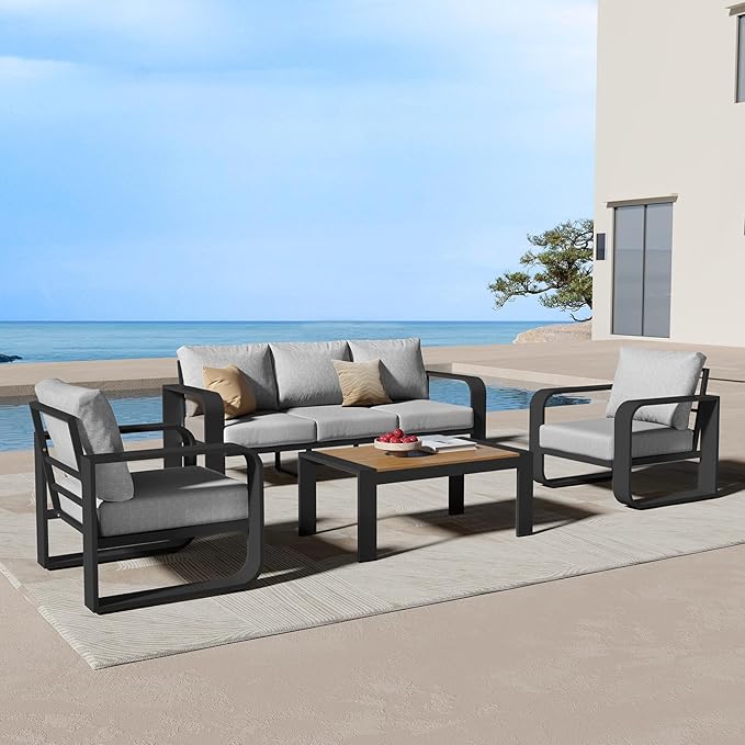 Oasbira Aluminum Outdoor Patio Furniture Set, 4 Piece Oversized Patio Conversation Sets Widened Armrest & Ultra-Thick Cushions, Heavy Duty Modern Sectional Furniture for Backyard, Porch, Gray