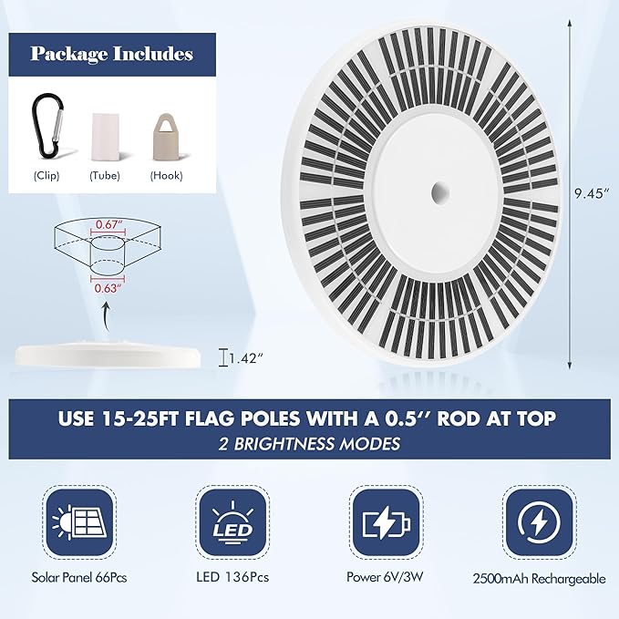 PPQ Premium Ivory Flag Light - Solar Powered, 136 LED, 10000h Lifespan for 15-25 Ft Poles, Waterproof, Auto On/Off Dusk to Dawn