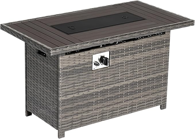 Aoxun 40" Propane Fire Pit 50,000 BTU Outdoor Wicker Fire Table with Wood-grainTabletop Patio Rectangular 2-in-1 Gas Fire Pit Table with Firepit Lid and Waterproof Cover（Gray）
