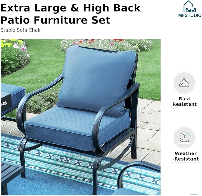 MFSTUDIO 6 Pieces Patio Furniture Sets with 45" Gas Fire Pit Table(Up to 7 Seat), Metal Frame Outdoor Conversation Sofas with 1 x 3-Seat Sofa, 2 Rocking Chairs and 2 Ottoman, Peacock Blue Cushion