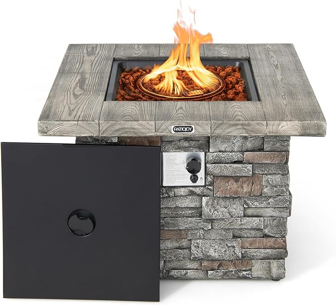 Tangkula 34.5 Inch Faux Stone Propane Fire Pit Table, Patiojoy Square Gas Fire Pit with Metal Lid, Lava Rocks, Stainless Steel Burner & PVC Cover, 50,000BTU Outdoor Fire Table