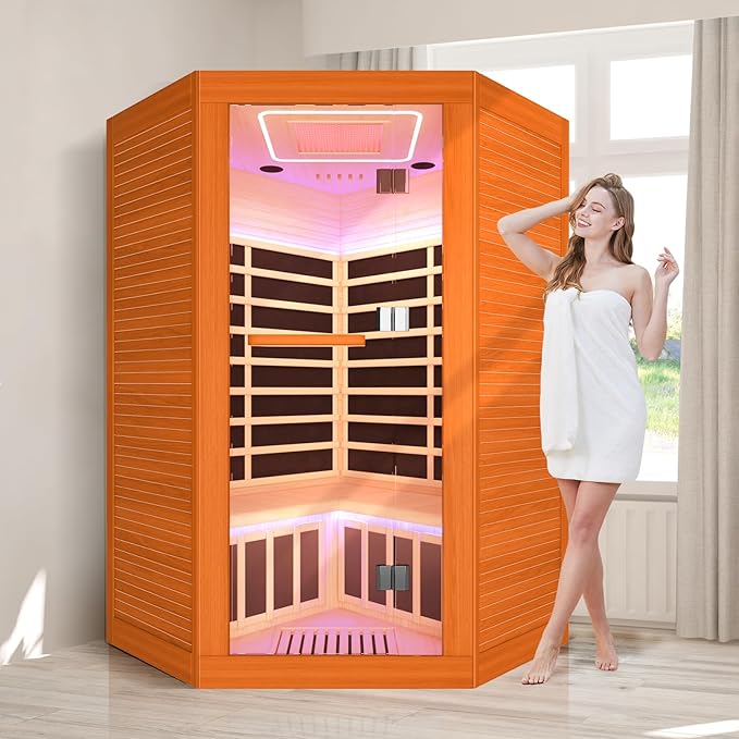 2-3 Person Sauna Corner Sauna Far Infrared Saunas Room Home Canadian Hemlock Indoor 2100W Low-EMF Dry Saunas with Red Light Therapy Beauty Lamp 47.2 * 47.2 * 74.8inch