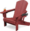 KINGYES Folding Adirondack Chair with Dual Cup Holders - HDPE All-Weather Outdoor Chairs, Wood-Like Patio Chair for Backyard, Camping, Pool & Fire Pit, Dark Red