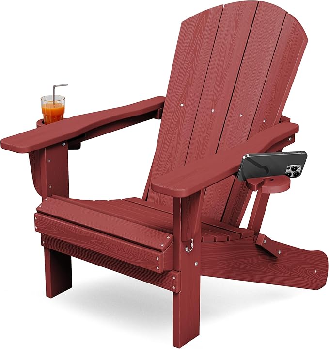 KINGYES Folding Adirondack Chair with Dual Cup Holders - HDPE All-Weather Outdoor Chairs, Wood-Like Patio Chair for Backyard, Camping, Pool & Fire Pit, Dark Red