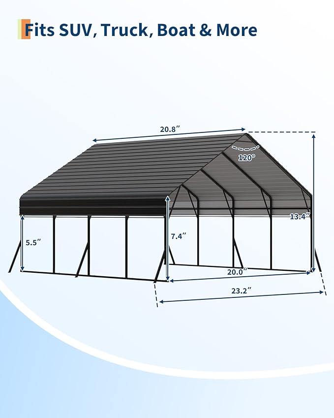 20x20 FT Heavy Duty Metal Carport Kit, Reinforced Frame with Anchors, for Trucks, Boats, RV, Tractor, 100MPH Wind & 35PSF Snow Rating, Easy Assembly