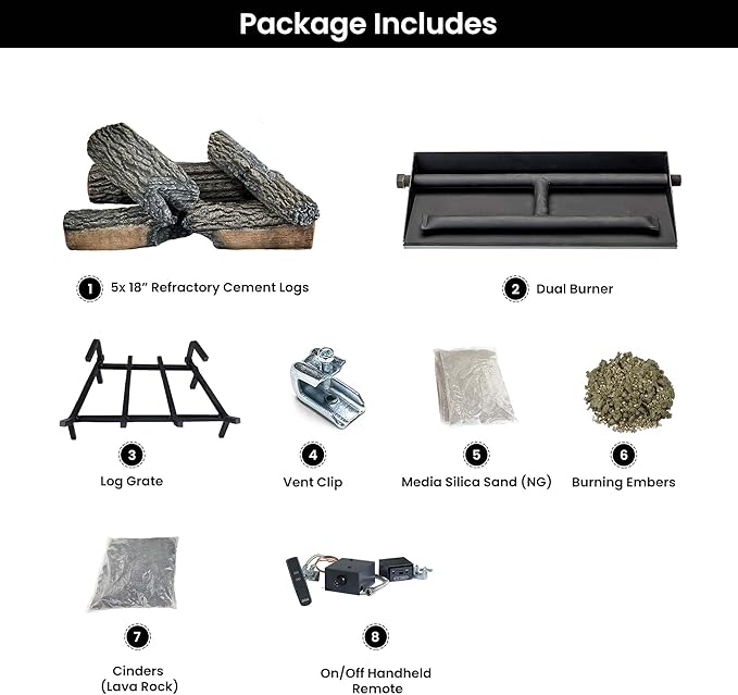 18" Premium Gas Logs - Remote Control Kit Included - for Natural Gas Vented Fireplaces - Blazing Oak Design (Logs + Remote Light Kit)