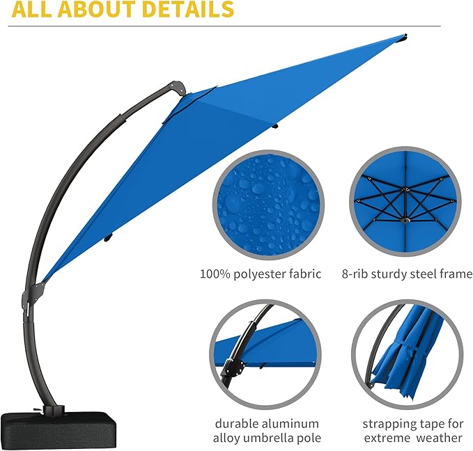 Kingdura 12ft Cantilever Patio Umbrella with Base Included, Large Round Offset Outdoor Pool Umbrella, 360° Rotation & Infinite Tilt, Heavy Duty Aluminum Frame for Deck Backyard, Royal blue