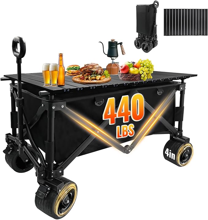 Collapsible Foldable Wagon Cart with Big Wheels and Tabletop, Large Capacity 440Lbs Folding Utility Wagon Carts for Sand, Beach, Camping, Shopping, Sport (Black)