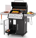 SKOK 4+1 Burners Gas Grill with Infrared Side Burners, Outdoor BBQ Grill with Cast Iron Grates, Barbecue Grill with Wheels, 60,000BTU Output