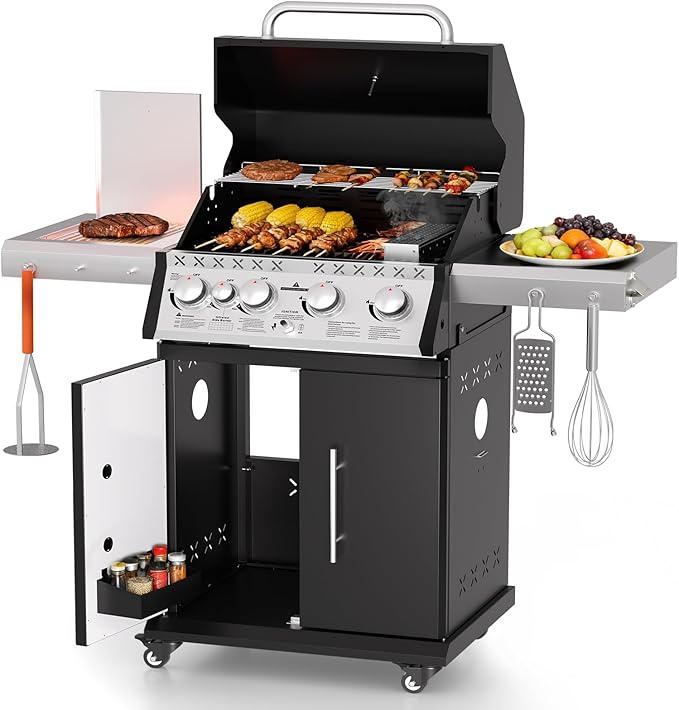 SKOK 4+1 Burners Gas Grill with Infrared Side Burners, Outdoor BBQ Grill with Cast Iron Grates, Barbecue Grill with Wheels, 60,000BTU Output