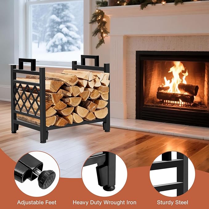 INNO STAGE Firewood Log Rack, Iron Wood Lumber Storage Holder for Fireplace, Heavy Duty Log Storage Bin for Firepit Stove Accessories Indoor - Perfect Construction - No Any Screw to Install