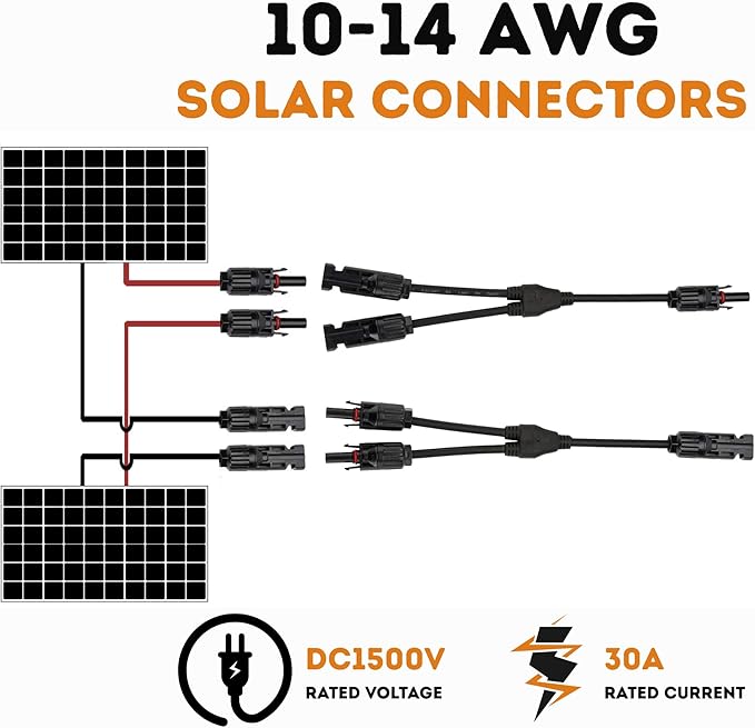 XYRIS Solar Connectors Y Branch Parallel 1 to 2 Adapter Cable Wire Plug Tool Kit for Solar Panel (M/FF+F/MM, 2 Pair)