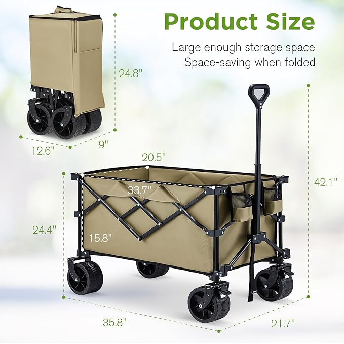 Bezseller Collapsible Wagon 400lbs, Wagons Carts Foldable, Beach Carts with Big Wheels for Sand, Heavy Duty Wagon, Utility Folding Cart with All-Terrain Wheels, Garden Carts Sports Beach, Khaki